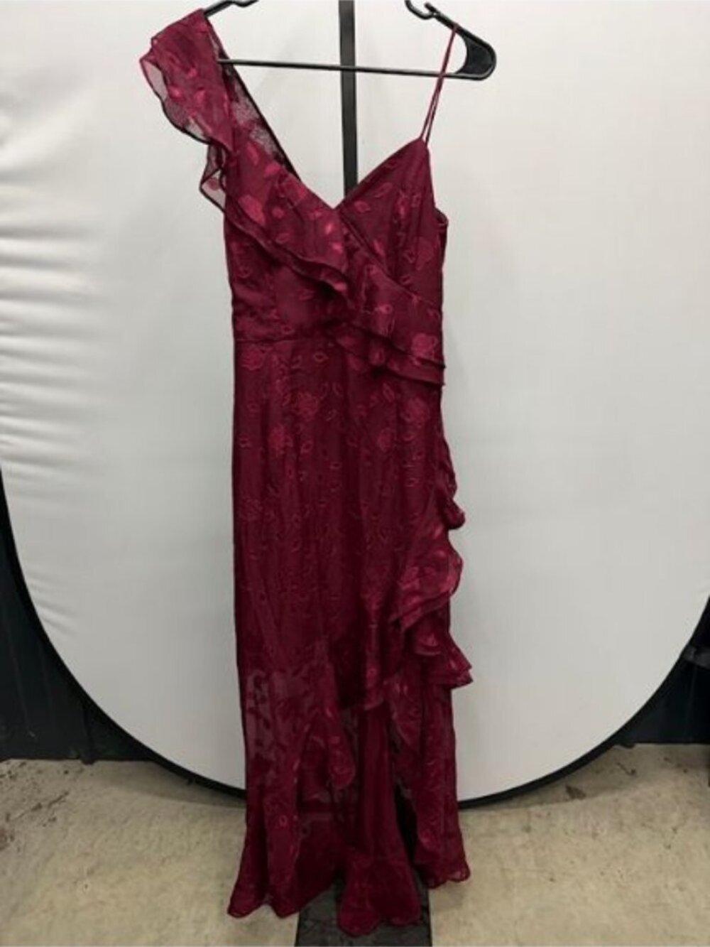 Lulu's Forever Be Burgundy Floral Jacquard Ruffled Maxi Dress